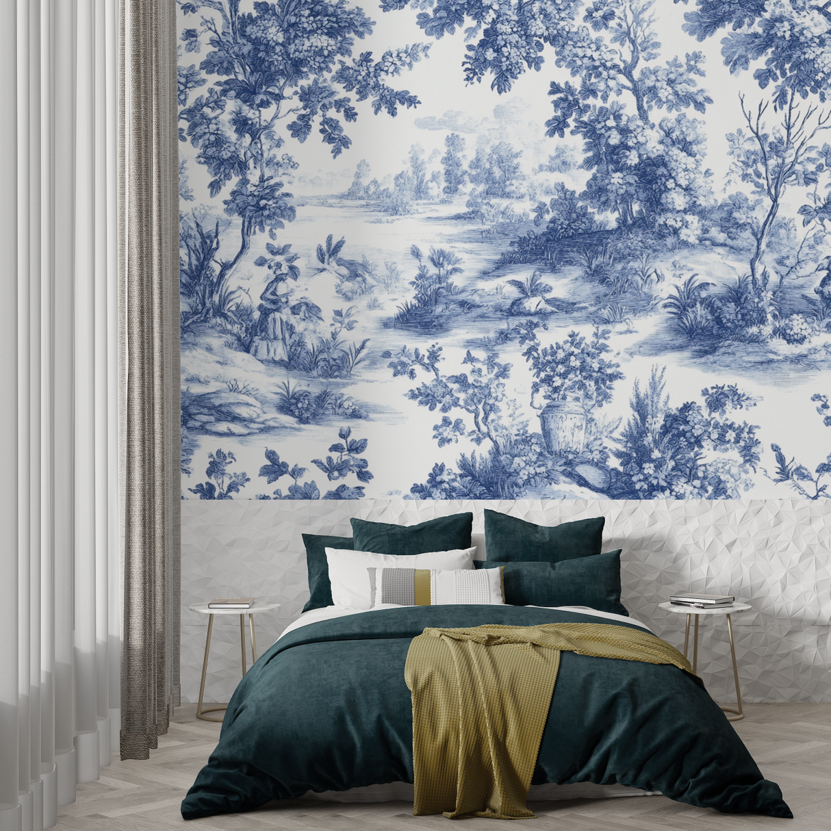 Vintage Mural Wallpaper | Blue and White Toile de Jouy Landscape