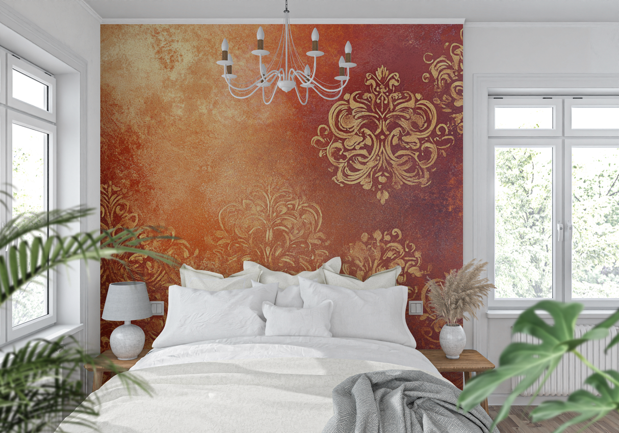 Baroque Mural Wallpaper | Terracotta and Gold Damask Pattern