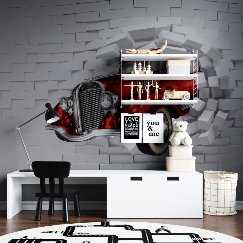 Vintage Car Mural Wallpaper | 3D Red Classic Auto Breaking Through Wall