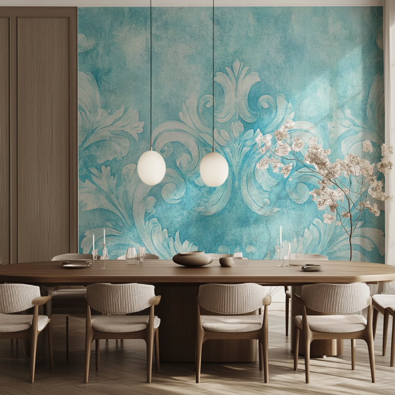 Vintage Floral Mural Wallpaper | Turquoise Art Nouveau Design