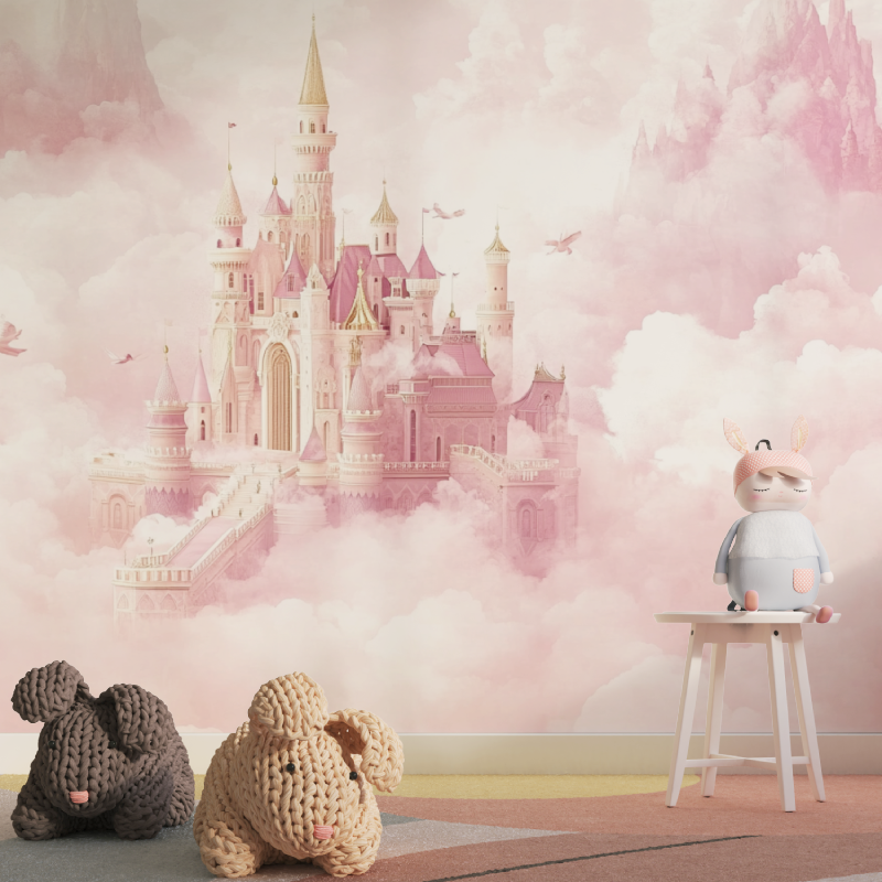 Princess Castle Mural Wallpaper | Pink Fantasy with Golden Spires