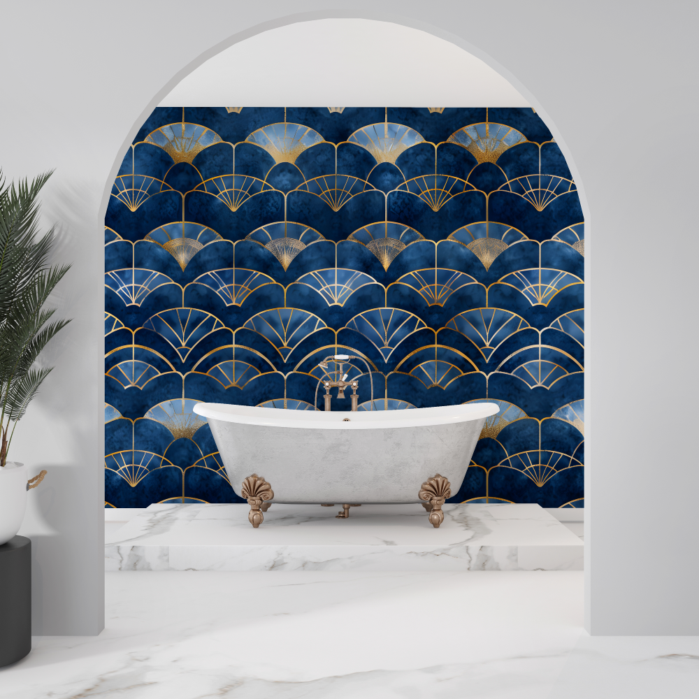 Art Deco Mural Wallpaper | Blue and Gold Fan Pattern
