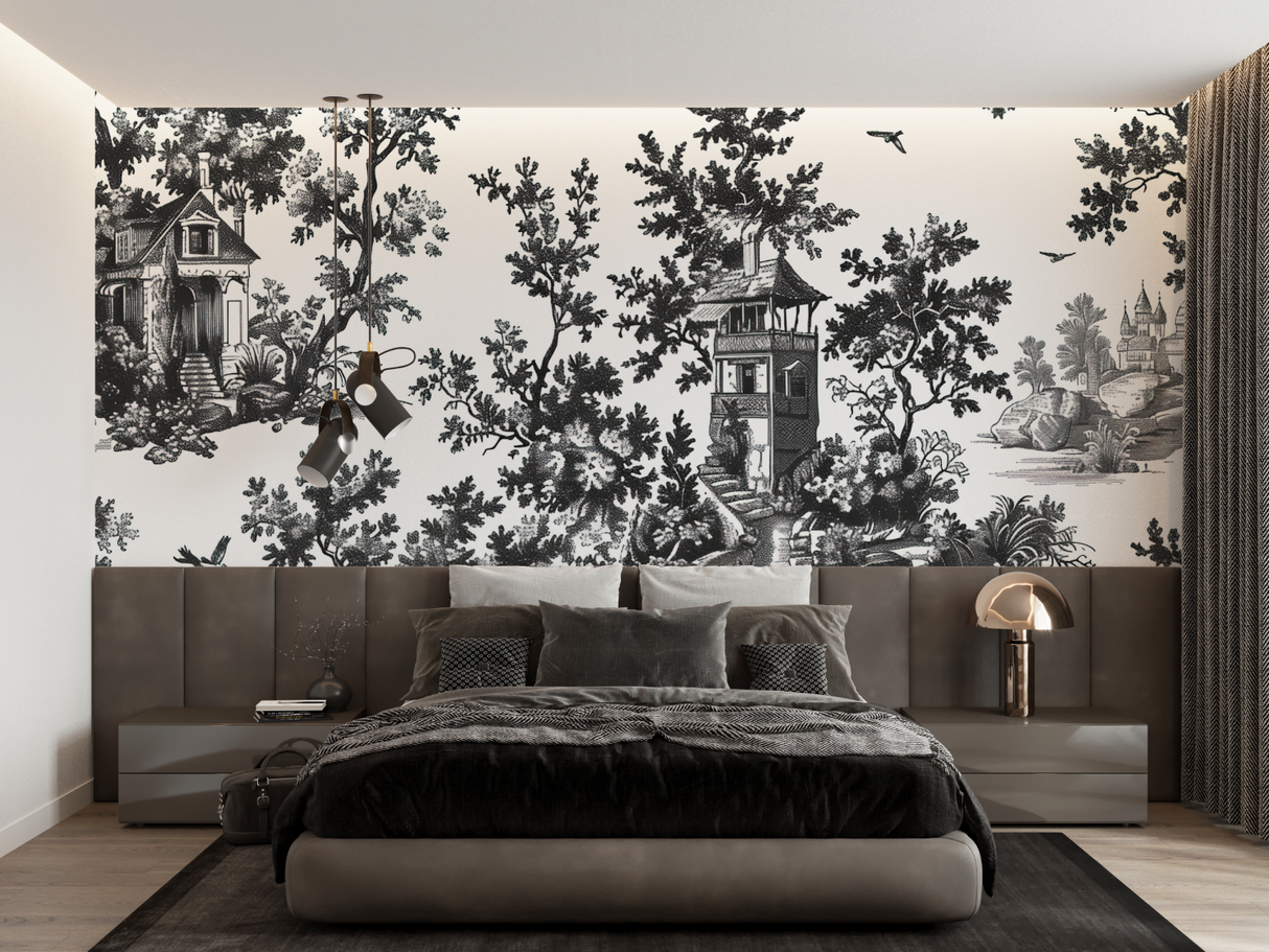 Vintage Mural Wallpaper | Black and White Toile de Jouy Scene