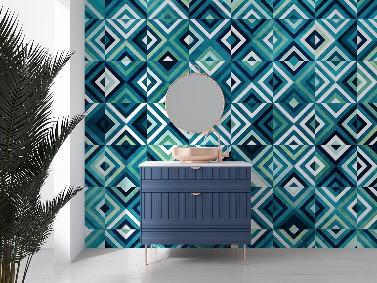 Geometric Mural Wallpaper | Modern Blue Diamond Pattern