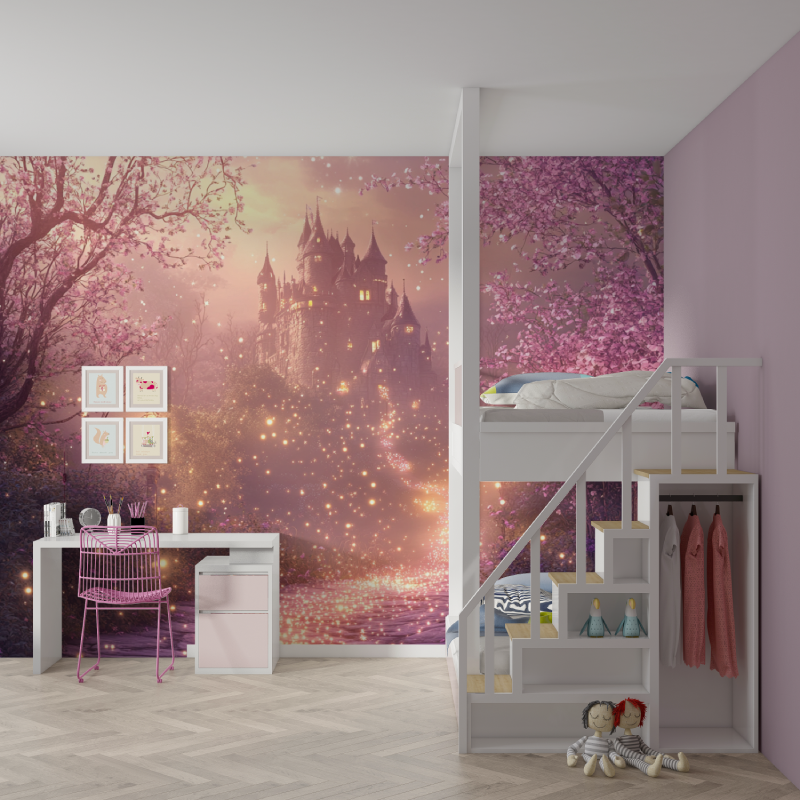 Castle Mural Wallpaper | Enchanted Pink Night Garden