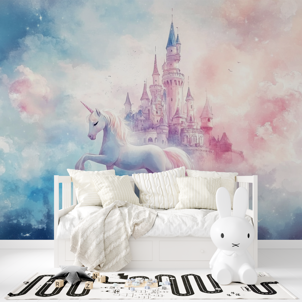 Unicorn Mural Wallpaper | Magical Castle in Pink and Blue Clouds