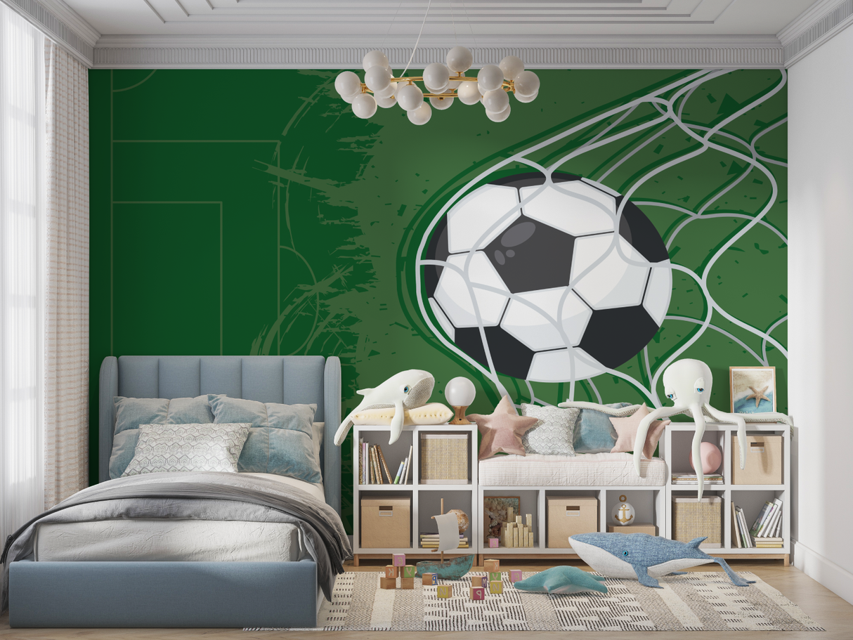 Football Mural Wallpaper | Soccer Ball in Net Design