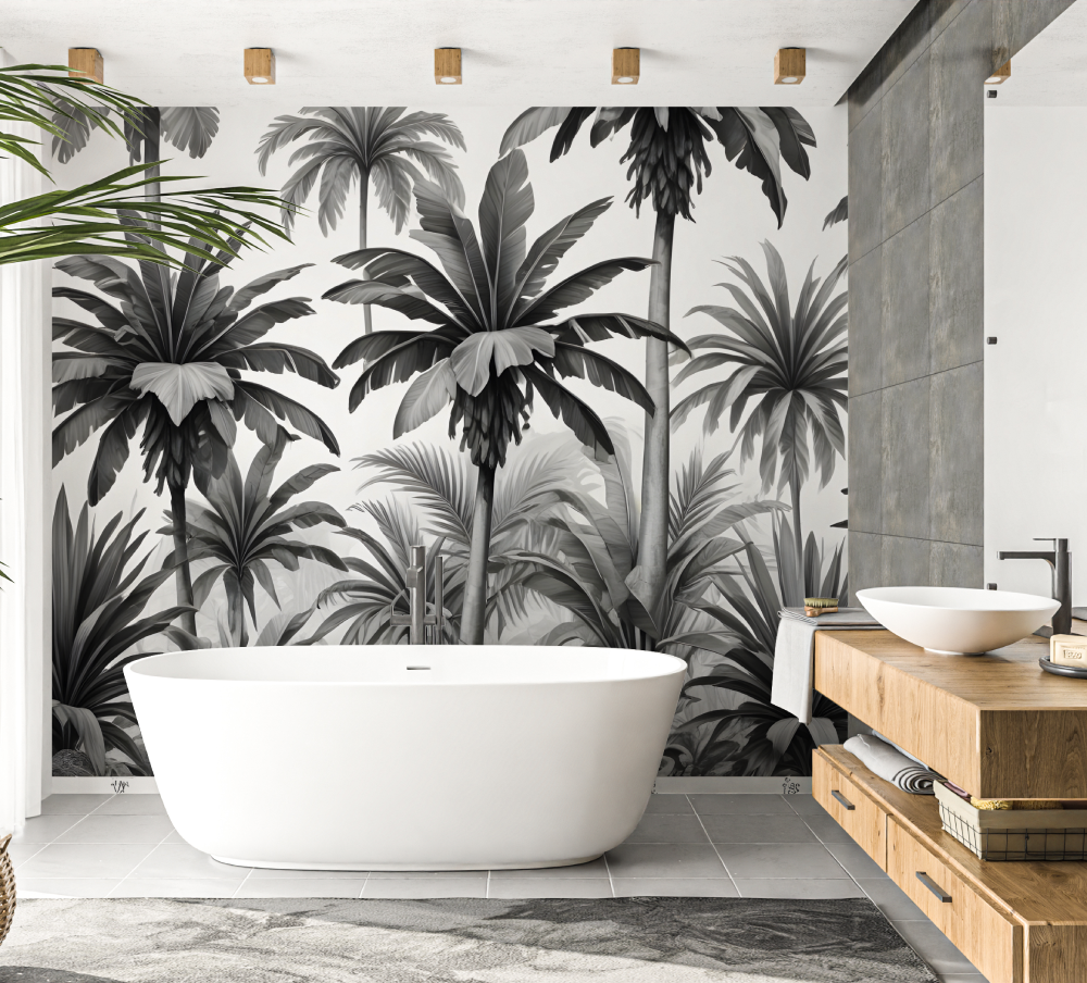 Tropical Mural Wallpaper | Black and White Palm Leaves Design