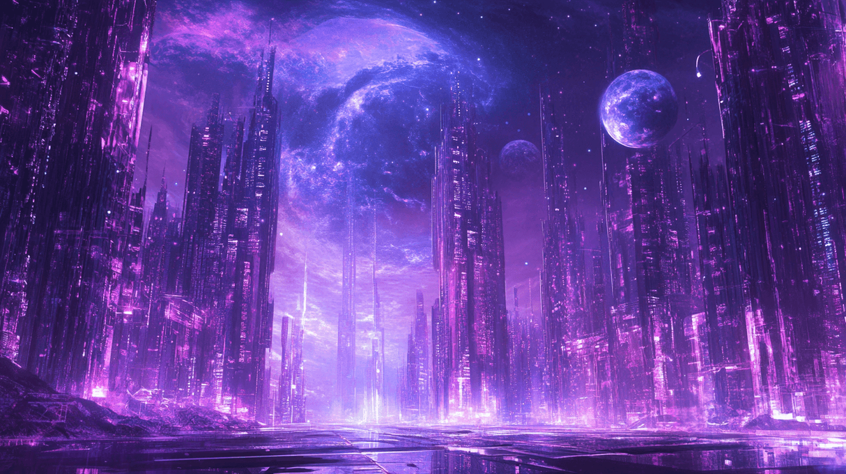 Futuristic Mural Wallpaper | Purple Cyberpunk City Galaxy