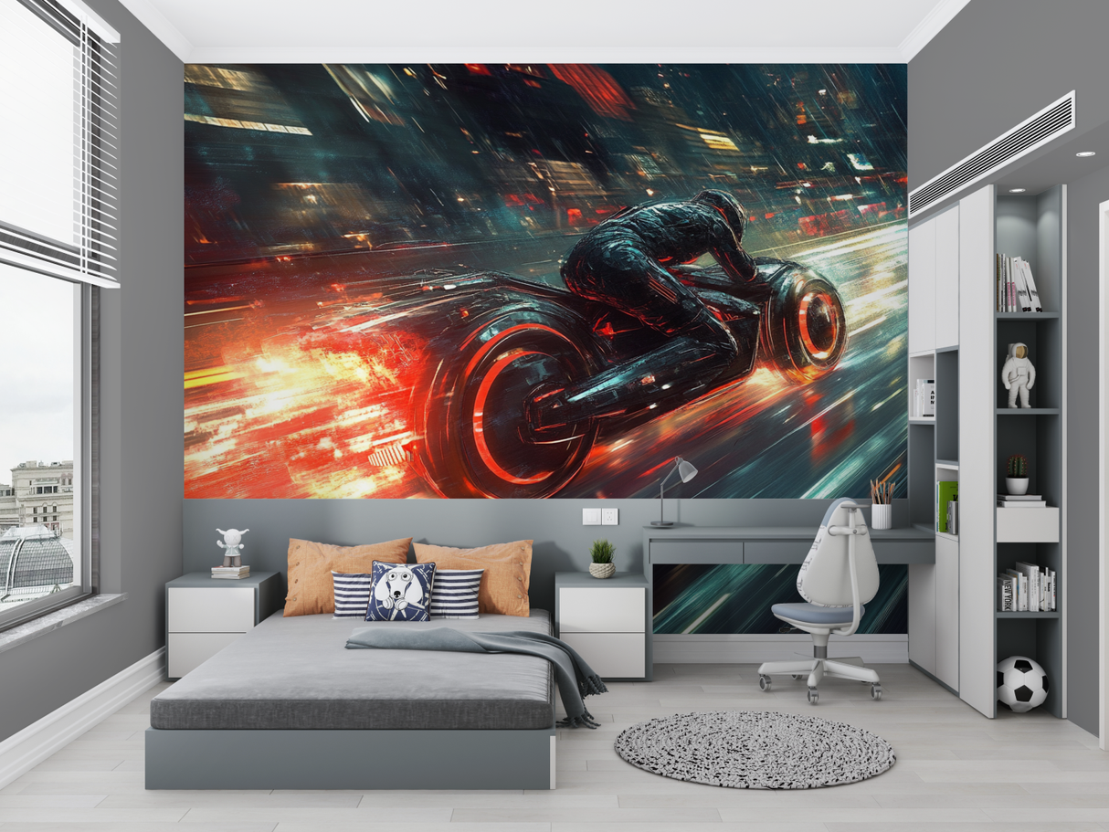 Sci-Fi Mural Wallpaper | Futuristic Motorcycle Speed Design