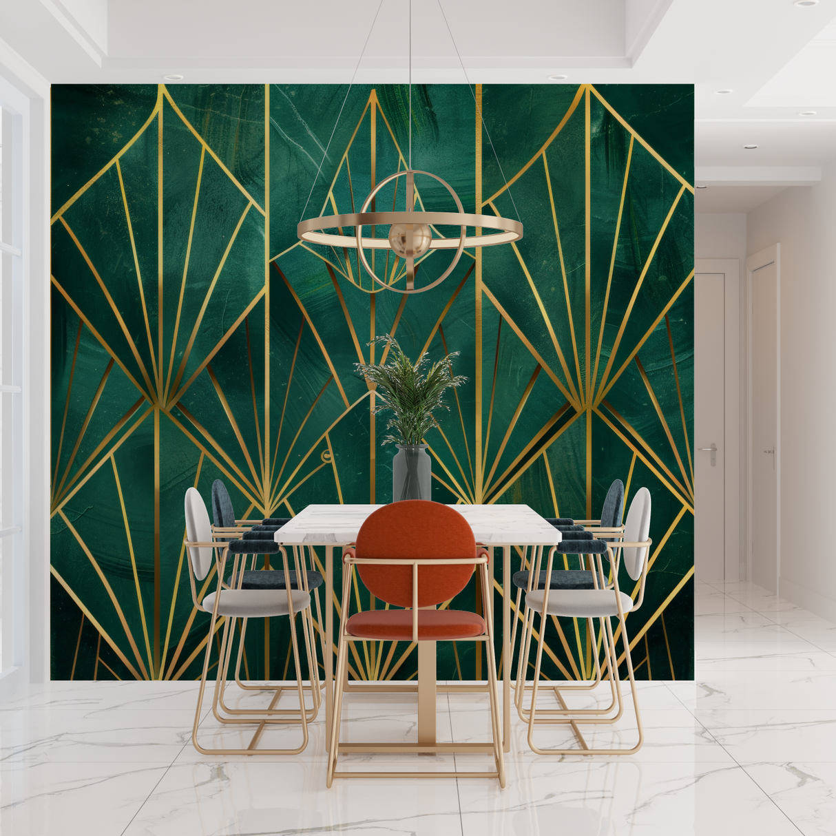 Art Deco Mural Wallpaper | Emerald Green and Gold Geometric Pattern