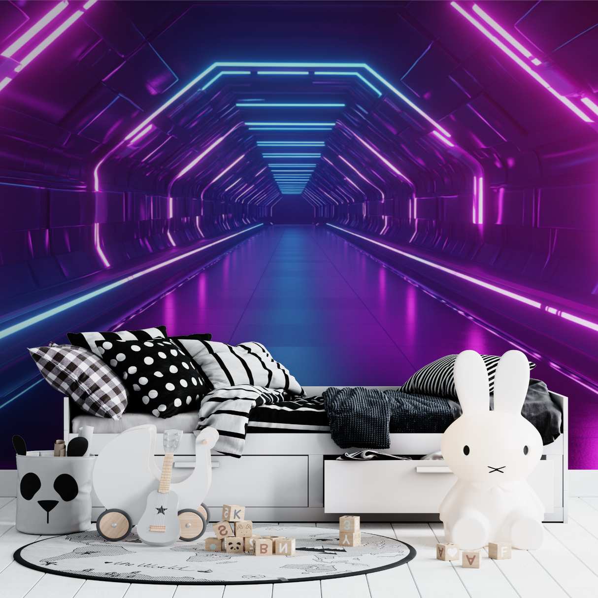 Gaming Mural Wallpaper | Neon Tunnel with Purple and Blue Lights