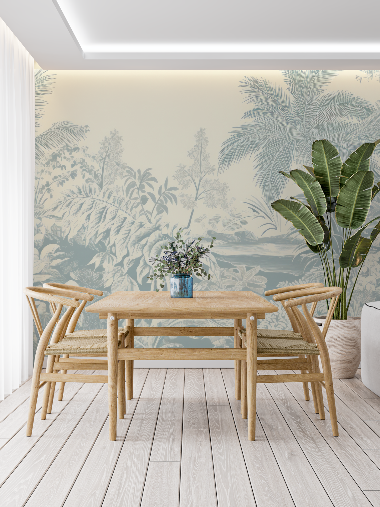Tropical Mural Wallpaper | Soft Blue Palm Leaves Design
