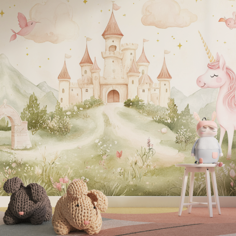 Princess Castle Mural Wallpaper | Magical Unicorn and Fairy Tale Design