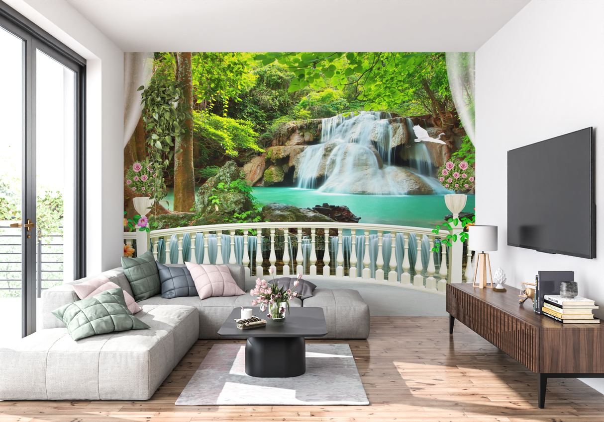 Waterfall Mural Wallpaper | Turquoise Forest Paradise
