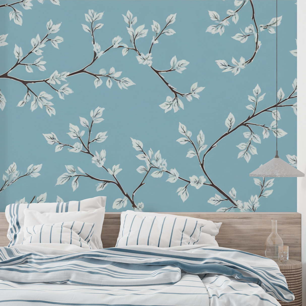 Floral Mural Wallpaper | White Leaves on Blue Background