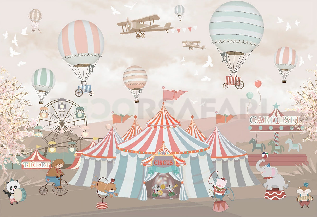 Circus Mural Wallpaper | Vintage Fairground with Hot Air Balloons