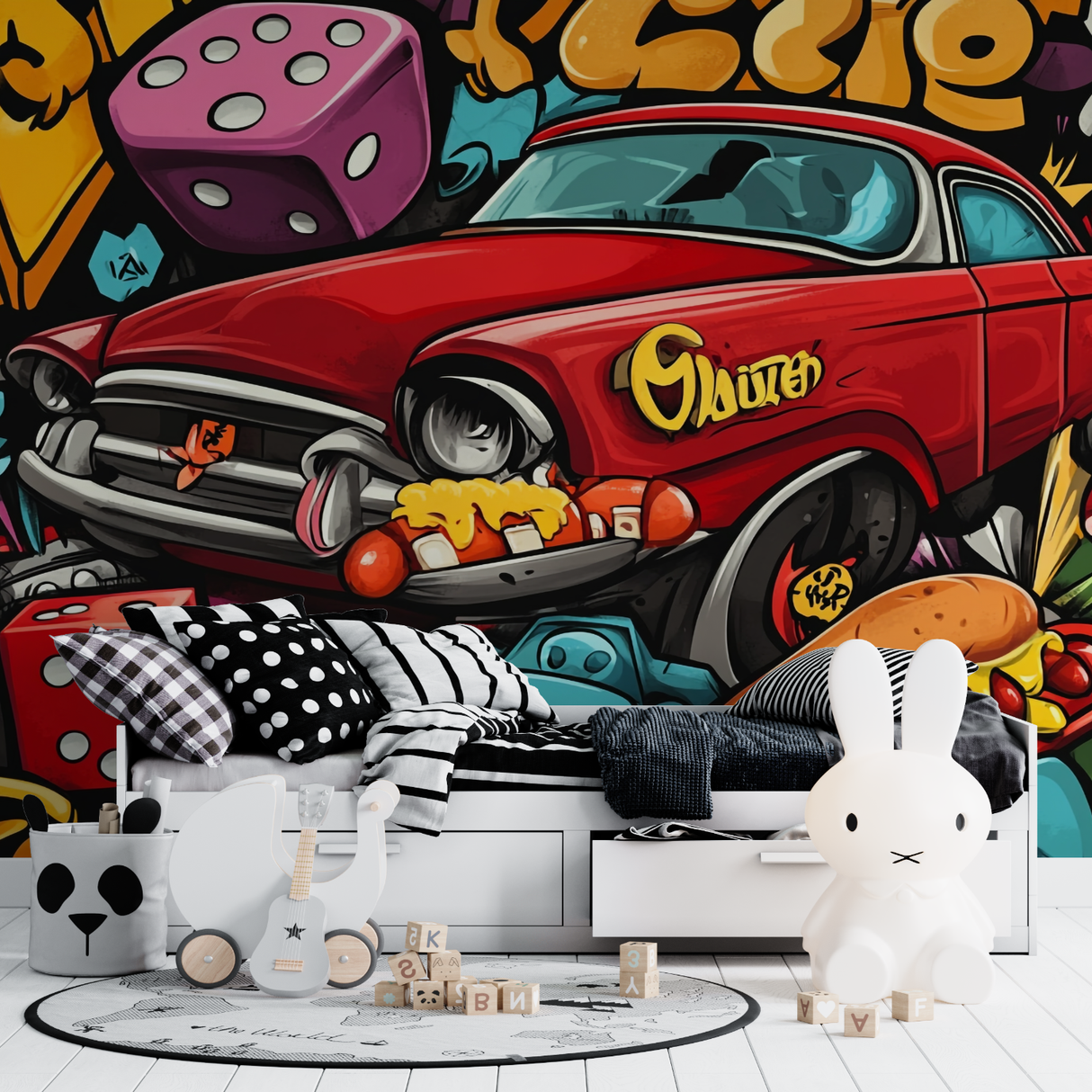 Street Art Mural Wallpaper | Vintage Red Car Graffiti Design