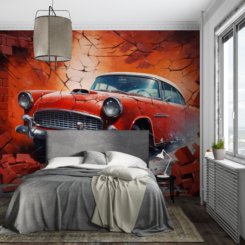 Vintage Car Mural Wallpaper | Classic Red Automobile Through Brick Wall