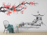 Cherry Blossom Mural Wallpaper | Japanese Sakura Temple Scene
