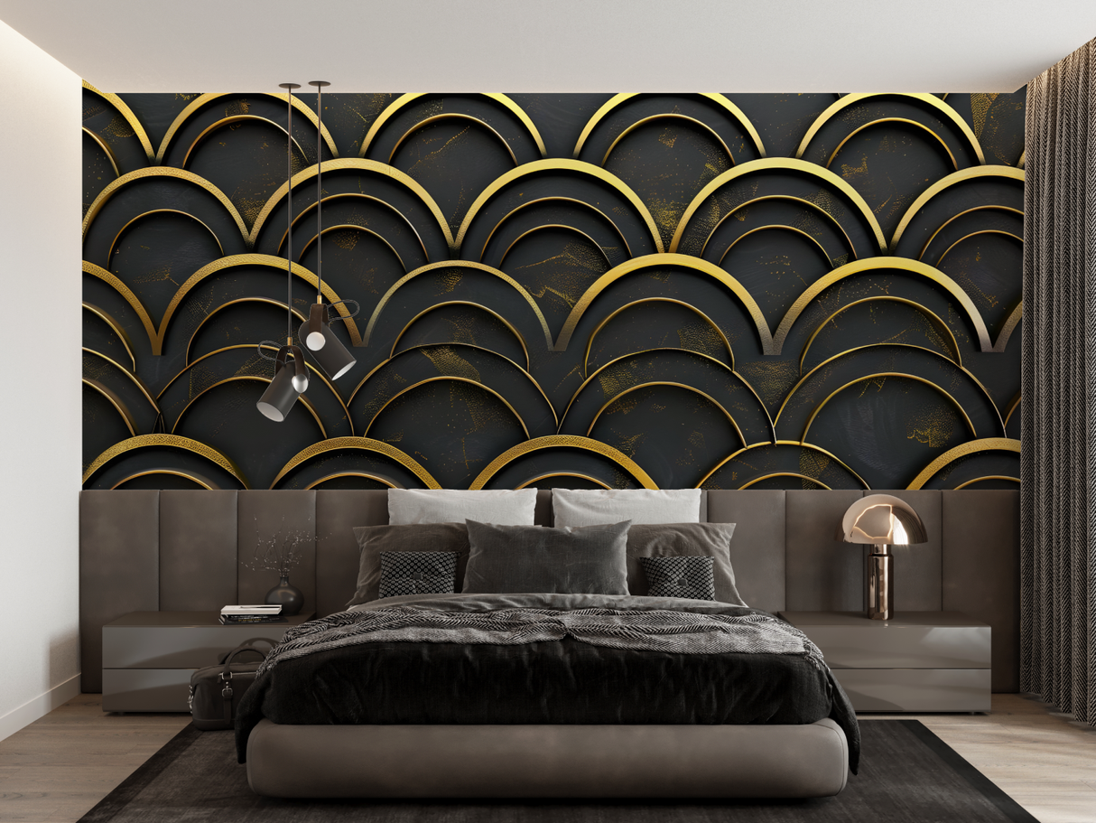 Art Deco Mural Wallpaper | Black and Gold Geometric Arches