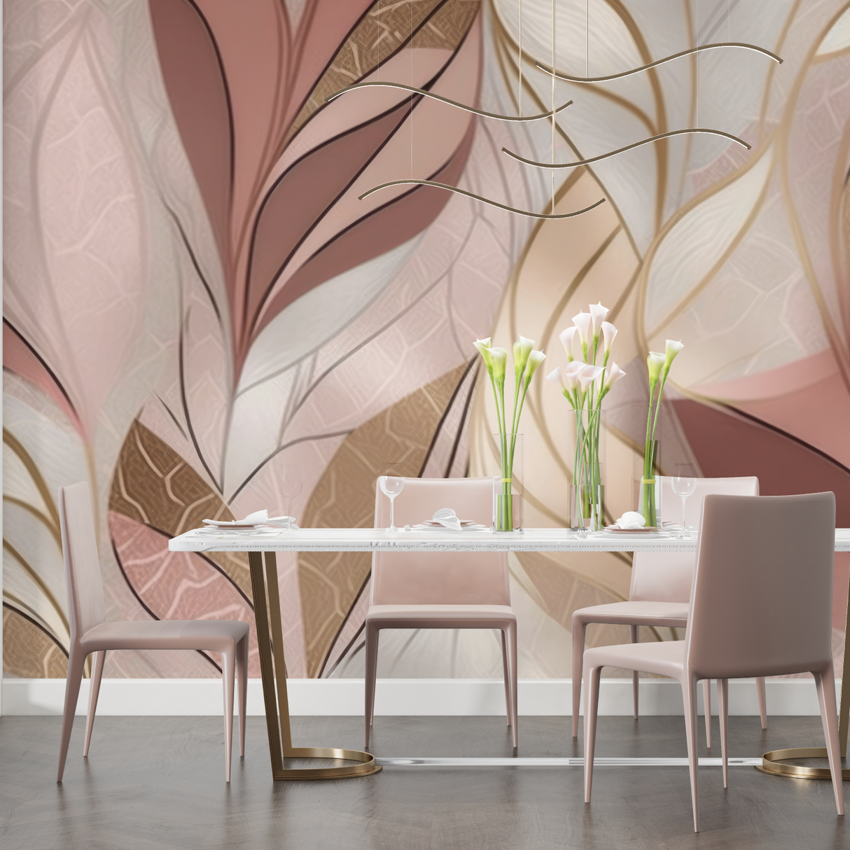 Abstract Mural Wallpaper | Blush Pink and Gold Leaves Design