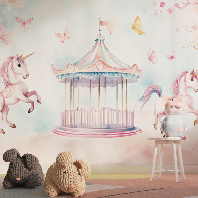 Unicorn Mural Wallpaper | Carousel Fantasy with Butterflies