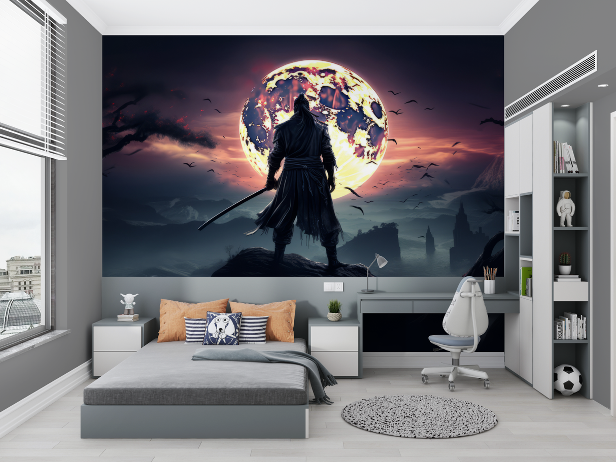 Japanese Mural Wallpaper | Warrior Silhouette with Moon