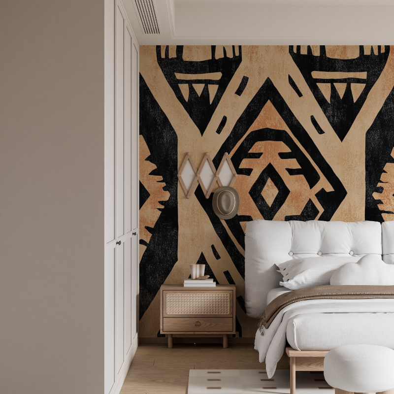 Geometric Mural Wallpaper | Aztec Pattern in Terracotta and Black