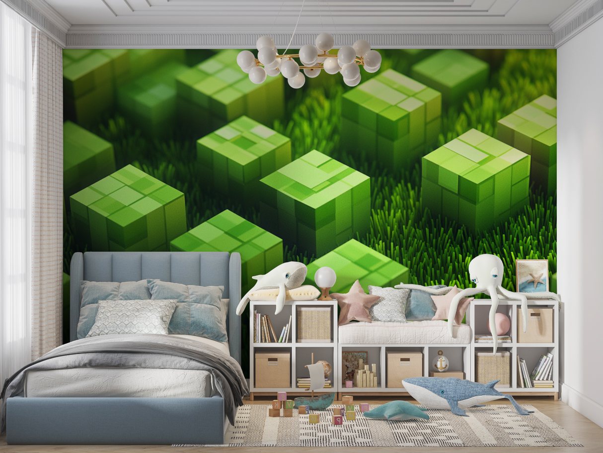 Gaming Mural Wallpaper | Minecraft Green Blocks Design