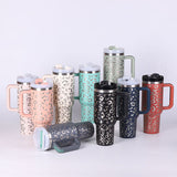 Insulated Travel Mug  Leopard Print Design with Handle  Straw - Product showcase