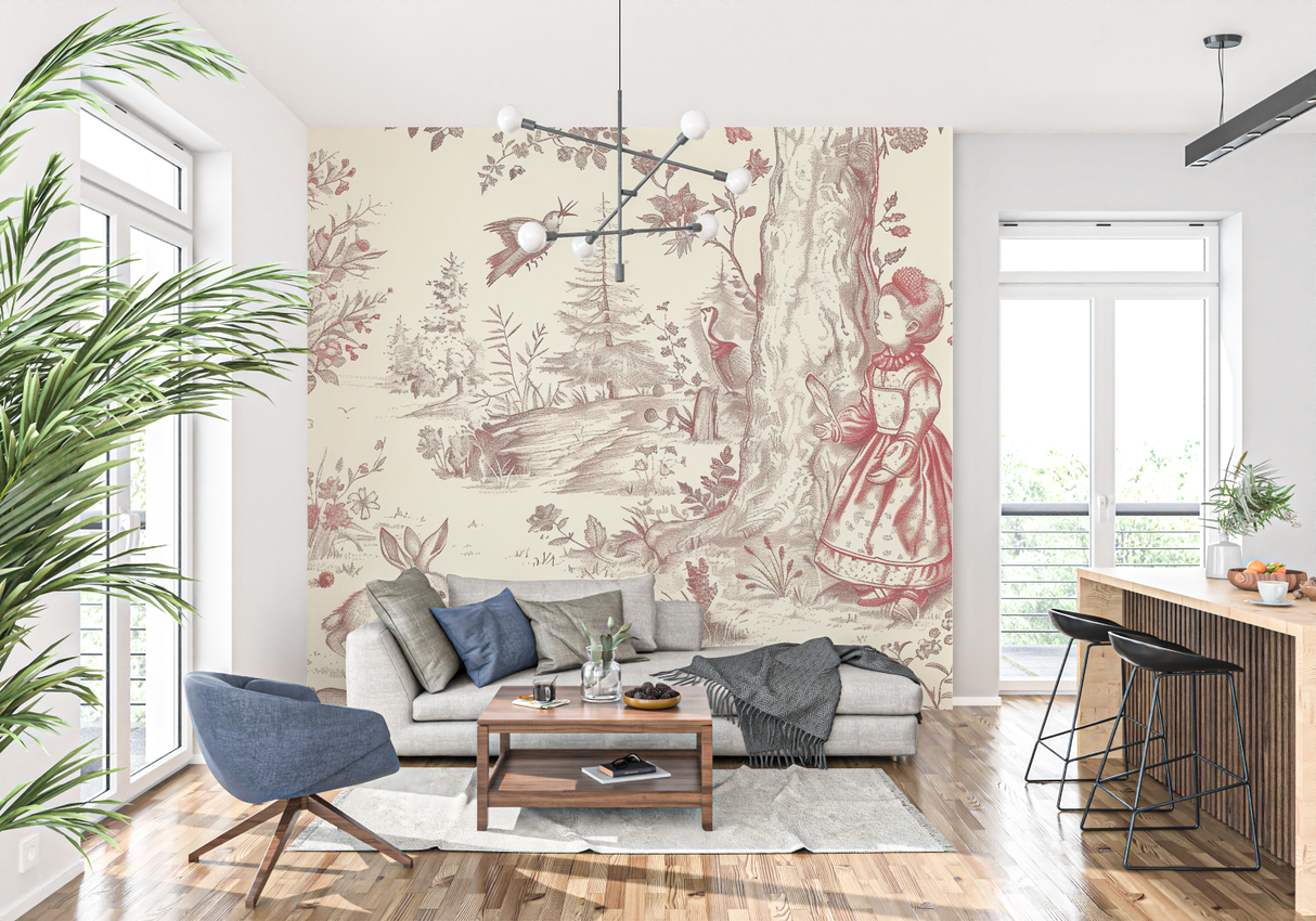 Vintage Mural Wallpaper | Red and Beige Toile de Jouy Forest Scene