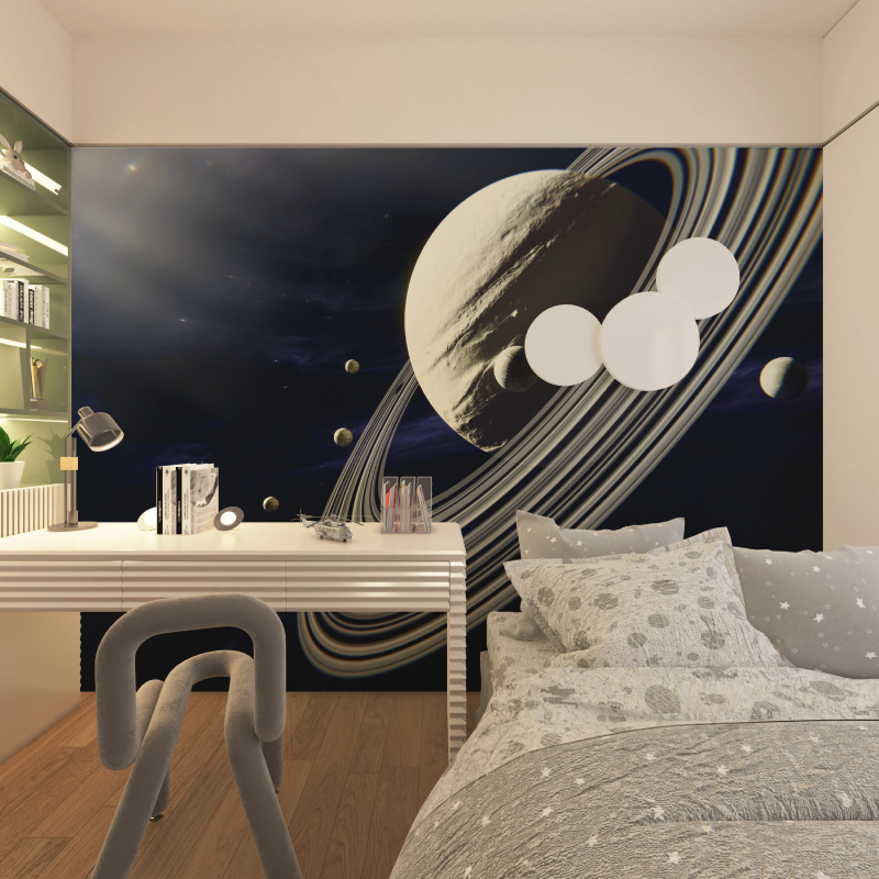 Space Mural Wallpaper | Saturn and Moons in Dark Universe