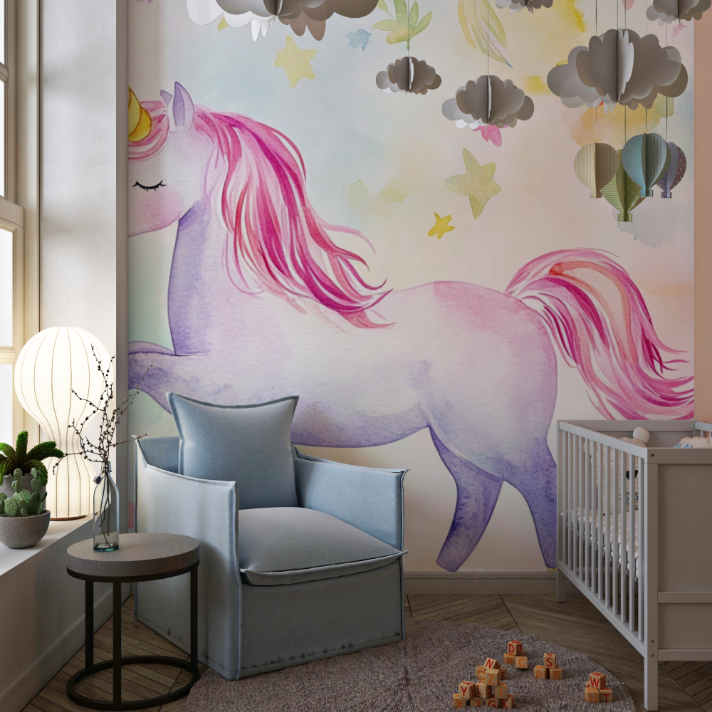 Unicorn Mural Wallpaper | Magical Watercolor with Stars and Moon