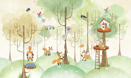 Papier Peint Mural Animaux de la Forêt | Scène de Cabane dans l'Arbre avec Renard Joueur