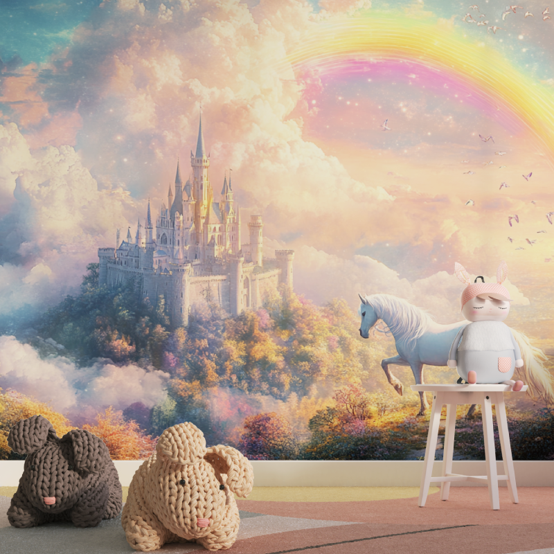 Princess Mural Wallpaper | Magical Castle with Rainbow and Unicorn