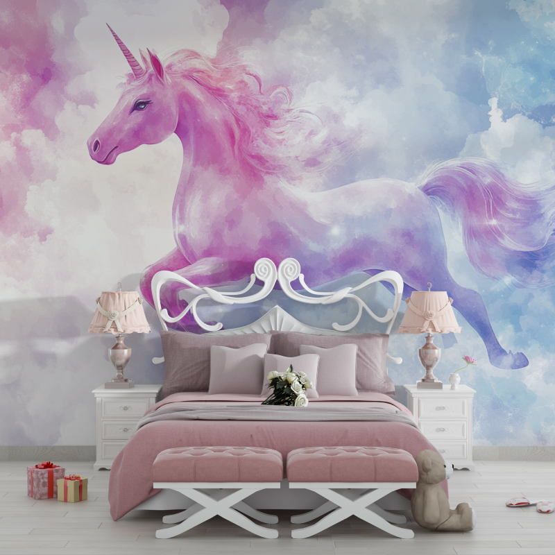 Unicorn Mural Wallpaper | Magical Pink and Purple Watercolor Design