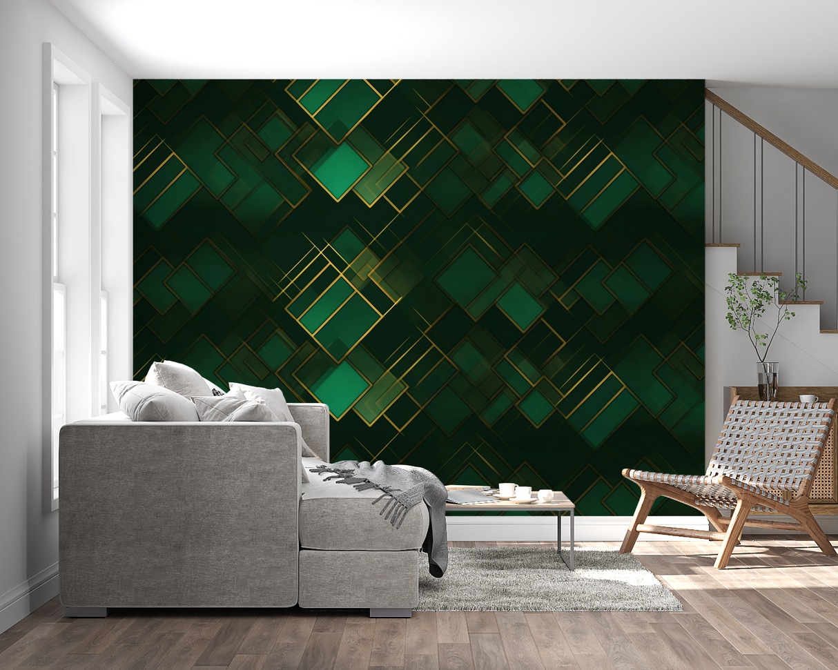 Geometric Mural Wallpaper | Art Deco Green and Gold Pattern