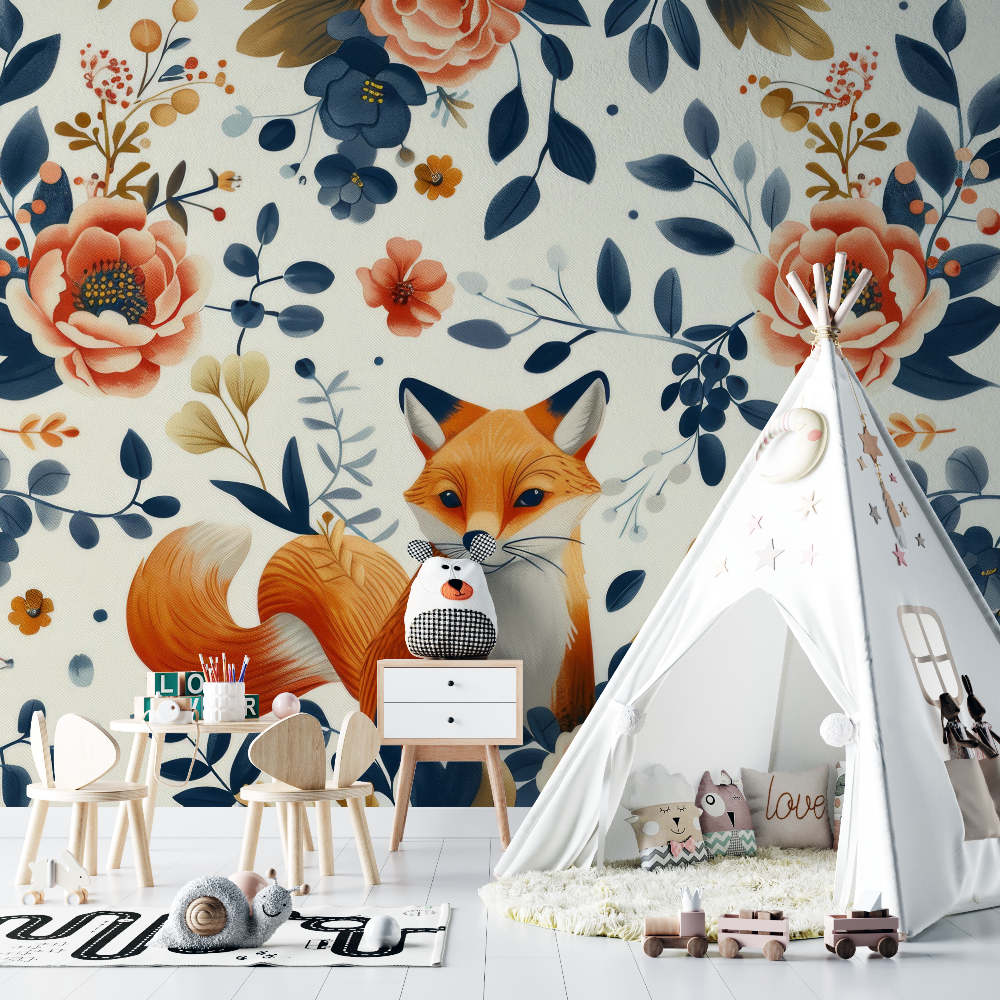 Forest Animals Mural Wallpaper | Vintage Fox with Navy Floral Pattern