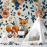 Forest Animals Mural Wallpaper | Vintage Fox with Navy Floral Pattern