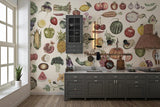 Kitchen Mural Wallpaper | Vintage Botanical Fruits and Vegetables