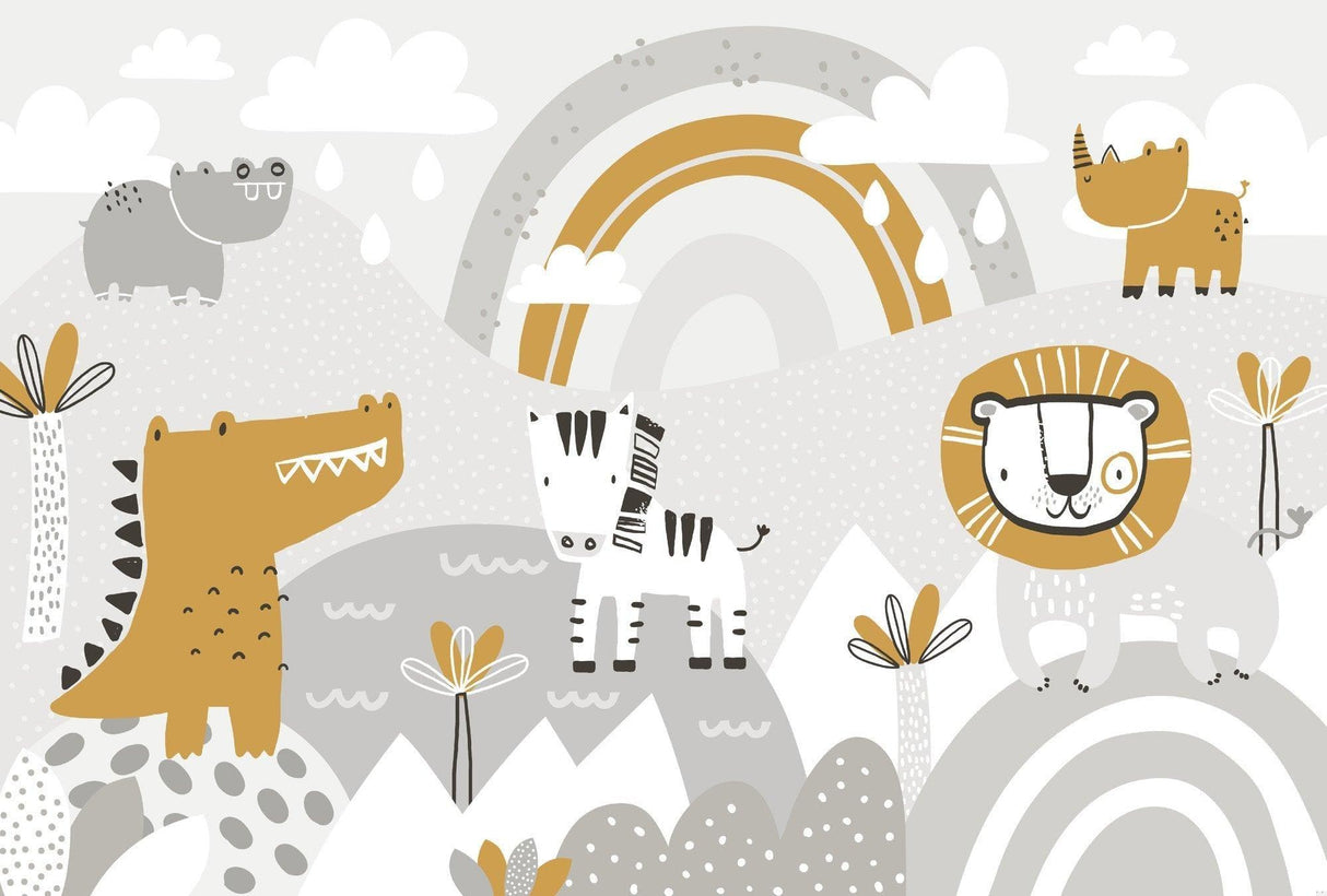 Safari Animals Mural Wallpaper | Playful Gold and Grey Design