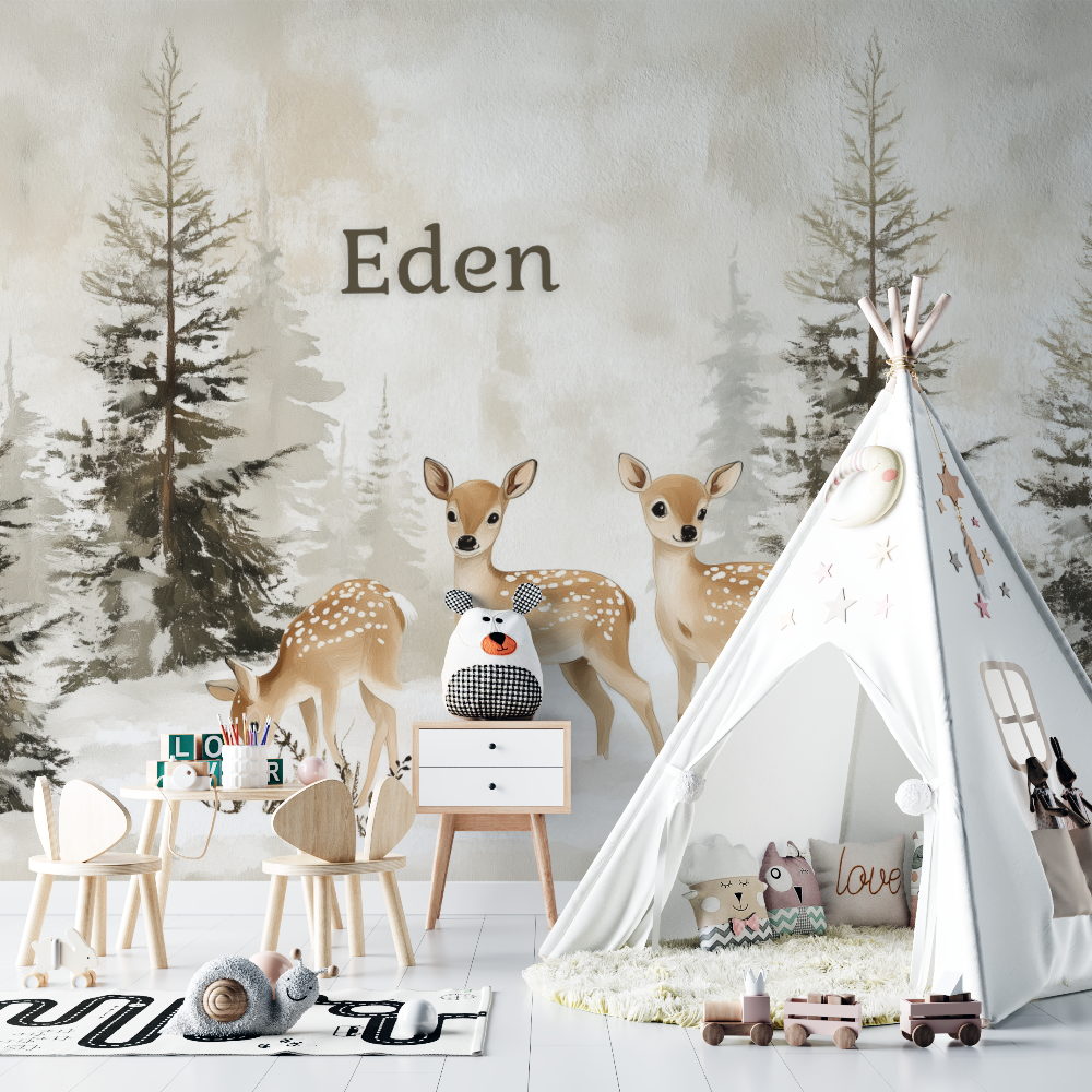 Forest Animals Mural Wallpaper | Deer and Pine Trees in Winter Scene