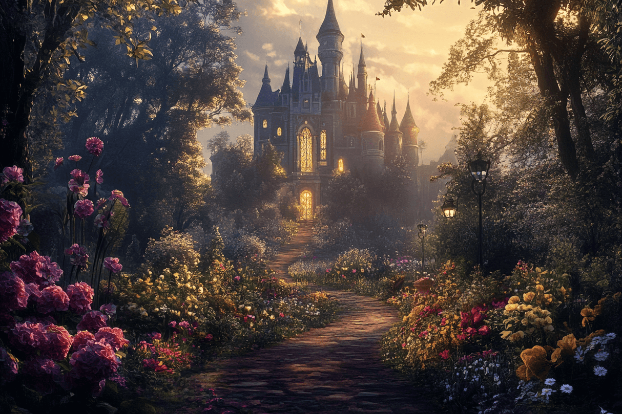 Castle Mural Wallpaper | Enchanted Garden Path at Sunset