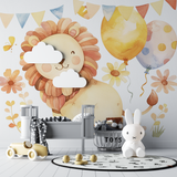Lion Mural Wallpaper | Cute Safari with Balloons and Flowers