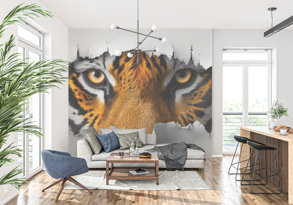 Tiger Mural Wallpaper | 3D Eyes Breaking Through Wall