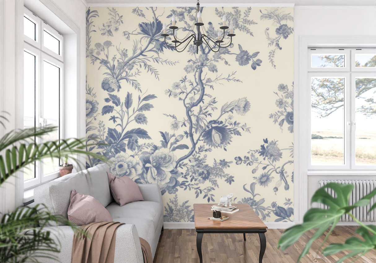 Floral Mural Wallpaper | Vintage Blue Toile de Jouy Pattern