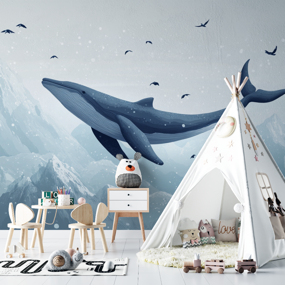 Ocean Mural Wallpaper | Flying Whale Over Mountains