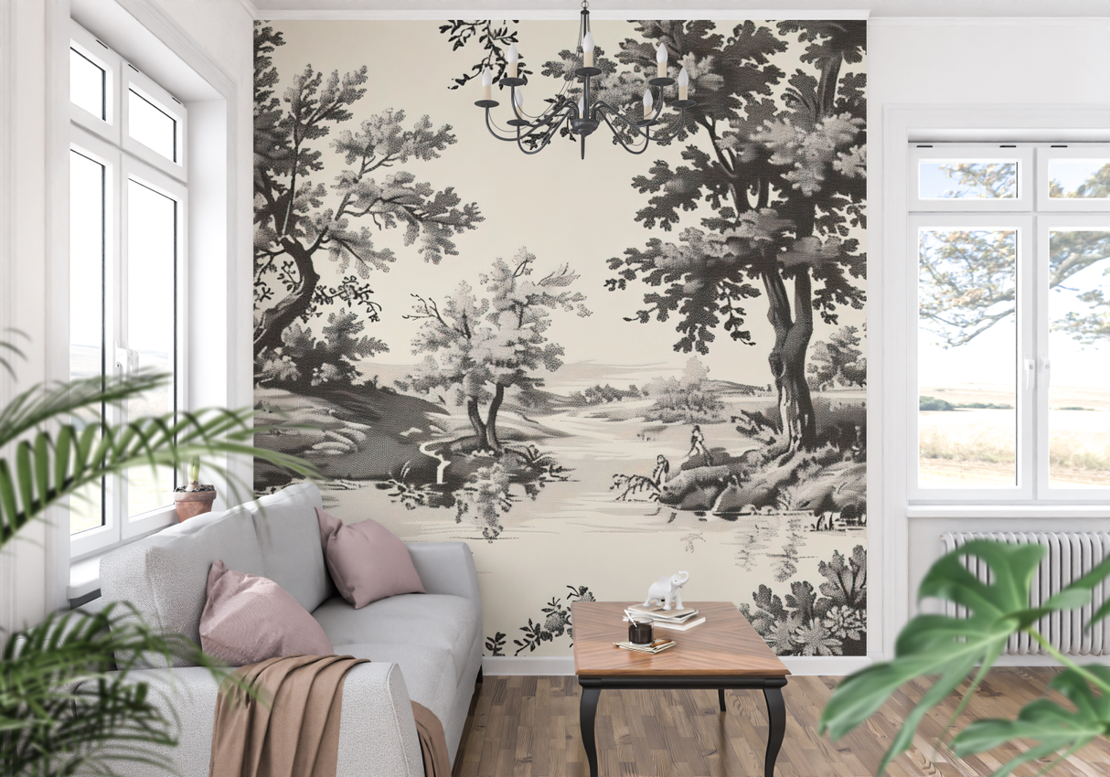 Vintage Mural Wallpaper | Black and White Pastoral Scene