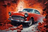Vintage Car Mural Wallpaper | Classic Red Automobile Through Brick Wall